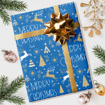 Elegant Christmas Reindeer Editable Name Blue Gold Wrapping Paper<br><div class="desc">Make your Christmas gifts extra special with this elegant Art Deco style wrapping paper, personalized with the recipient's name, family name or year. This seamless pattern features leaping reindeer, festive trees and stars in a color palette of blue, white and a gold colored texture. Custom gift wrap is a great...</div>