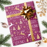 Elegant Christmas Reindeer Editable Name Plum Gold Wrapping Paper<br><div class="desc">Make your Christmas gifts extra special with this elegant Art Deco style wrapping paper, personalized with the recipient's name, family name or year. This seamless pattern features leaping reindeer, festive trees and stars in a color palette of purple-pink plum, white and a gold colored texture. Custom gift wrap is a...</div>