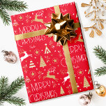 Elegant Christmas Reindeer Editable Name Red Gold Wrapping Paper<br><div class="desc">Make your Christmas gifts extra special with this elegant Art Deco style wrapping paper, personalized with the recipient's name, family name or year. This seamless pattern features leaping reindeer, festive trees and stars in a color palette of red, white and a gold colored texture. Custom gift wrap is a great...</div>