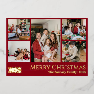 Elegant Christmas Reindeer Family Photo Collage Foil Holiday Card