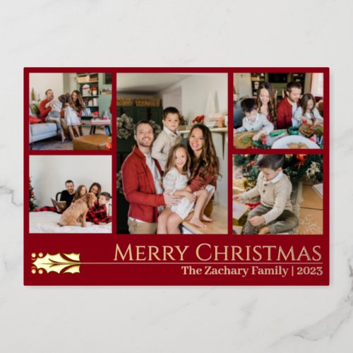 Elegant Christmas Reindeer Family Photo Collage  Foil Holiday Card