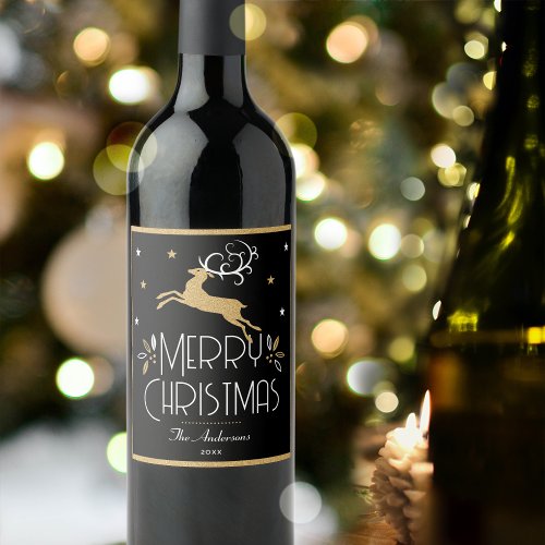 Elegant Christmas Reindeer Festive Black Gold Wine Label