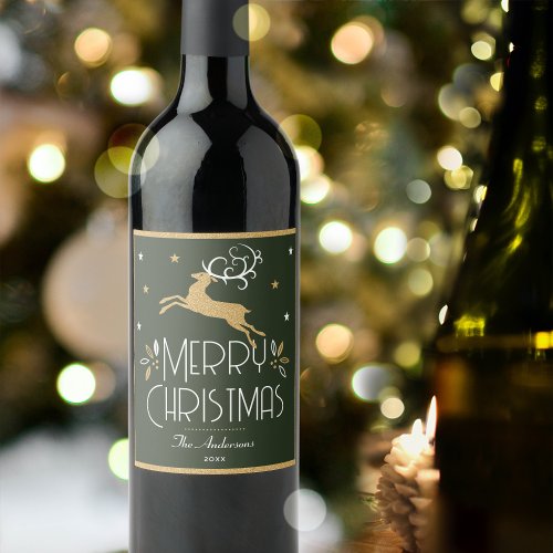 Elegant Christmas Reindeer Festive Dark Green Gold Wine Label