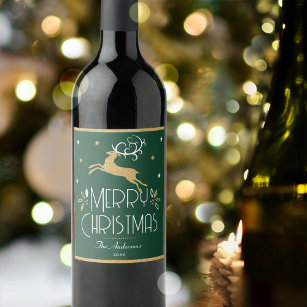 Elegant Christmas Reindeer Festive Green Gold Wine Label