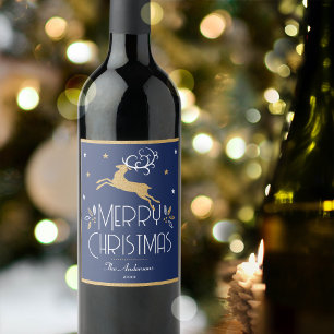 Elegant Christmas Reindeer Festive Midnight Blue Wine Label