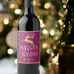 Elegant Christmas Reindeer Festive Plum Gold<br><div class="desc">Create your own Art Deco style wine label for Christmas. An elegant template featuring a leaping reindeer, stars and decorative leaves. This editable template can be personalized with both your name and celebration year. Perfect for holiday gifts, party favors and more! Colors: pink-purple plum, white and a gold colored texture....</div>