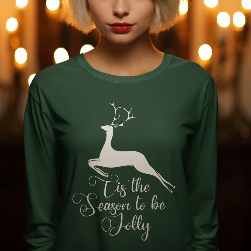 Elegant Christmas Reindeer Green Long Sleeve T_Shirt