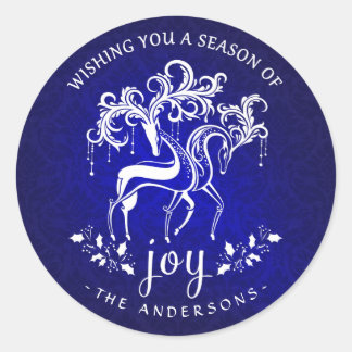 Elegant Christmas Reindeer Joy - Blue and White Classic Round Sticker