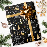 Elegant Christmas Reindeer Name Black Gold Wrapping Paper<br><div class="desc">Make your Christmas gifts extra special with this elegant Art Deco style wrapping paper, personalized with the recipient's name, family name or year. This seamless pattern features leaping reindeer, festive trees and stars in a color palette of black, white and a gold colored texture. Custom gift wrap is a great...</div>