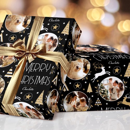 Elegant Christmas Reindeer Photo Black White Gold Wrapping Paper