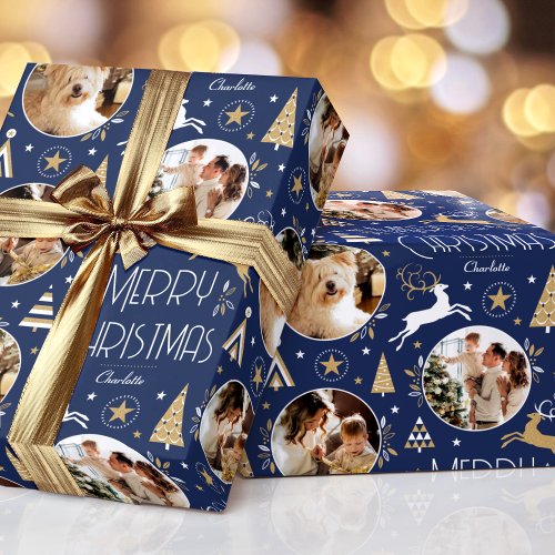 Elegant Christmas Reindeer Photo Blue Gold Wrapping Paper