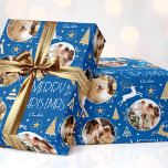 Elegant Christmas Reindeer Photo Collage Blue Gold Wrapping Paper<br><div class="desc">Make your Christmas gifts extra special with this elegant Art Deco style wrapping paper. You can personalize it with a name and three photos of your family, friends or pets. This seamless pattern features leaping reindeer, festive trees and stars in a color palette of blue, white and a gold colored...</div>