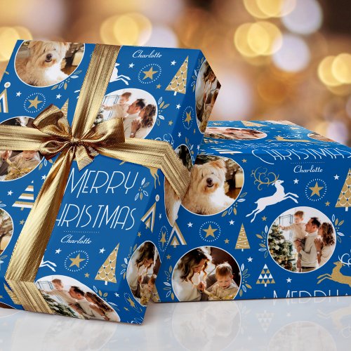 Elegant Christmas Reindeer Photo Collage Blue Gold Wrapping Paper