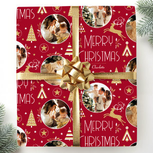 Elegant Christmas Reindeer Photo Collage Deep Red Wrapping Paper