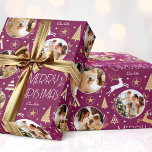 Elegant Christmas Reindeer Photo Collage Plum Gold Wrapping Paper<br><div class="desc">Make your Christmas gifts extra special with this elegant Art Deco style wrapping paper. You can personalize it with a name and three photos of your family, friends or pets. This seamless pattern features leaping reindeer, festive trees and stars in a color palette of purple-pink plum, white and a gold...</div>