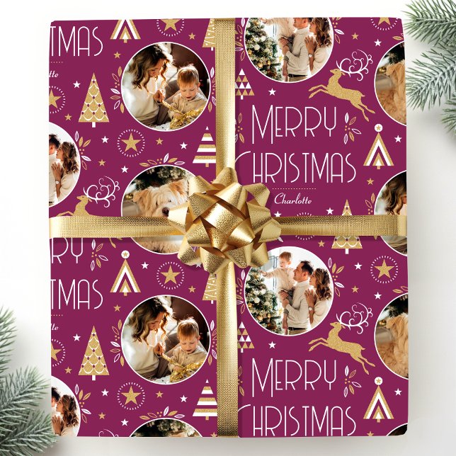 Elegant Christmas Reindeer Photo Collage Plum Gold Wrapping Paper (Creator Uploaded)