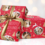 Elegant Christmas Reindeer Photo Collage Red Gold Wrapping Paper<br><div class="desc">Make your Christmas gifts extra special with this elegant Art Deco style wrapping paper. You can personalize it with a name and three photos of your family, friends or pets. This seamless pattern features leaping reindeer, festive trees and stars in a color palette of red, white and a gold colored...</div>