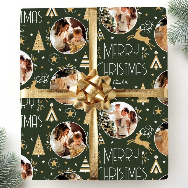 Elegant Christmas Reindeer Photo Dark Green Wrapping Paper (Creator Uploaded)