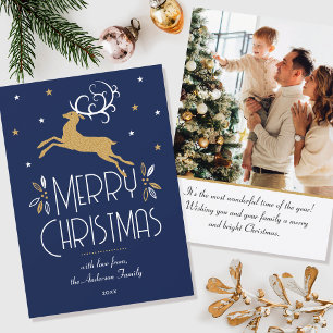 Elegant Christmas Reindeer Photo Deep Blue Flat Card
