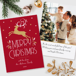 Elegant Christmas Reindeer Photo Deep Red Flat Card