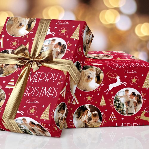 Elegant Christmas Reindeer Photo Deep Red Gold Wrapping Paper