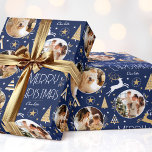 Elegant Christmas Reindeer Photo Midnight Blue Wrapping Paper<br><div class="desc">Make your Christmas gifts extra special with this elegant Art Deco style wrapping paper. You can personalize it with a name and three photos of your family, friends or pets. This seamless pattern features leaping reindeer, festive trees and stars in a color palette of dark midnight blue, white and a...</div>