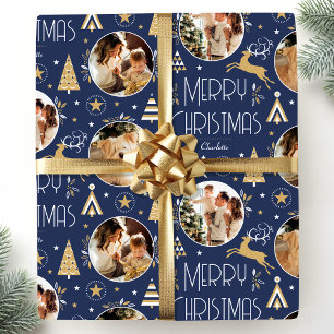 Elegant Christmas Reindeer Photo Midnight Blue Wrapping Paper
