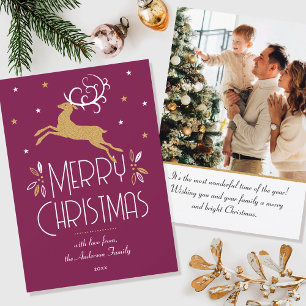 Elegant Christmas Reindeer Photo Plum Gold Flat Card