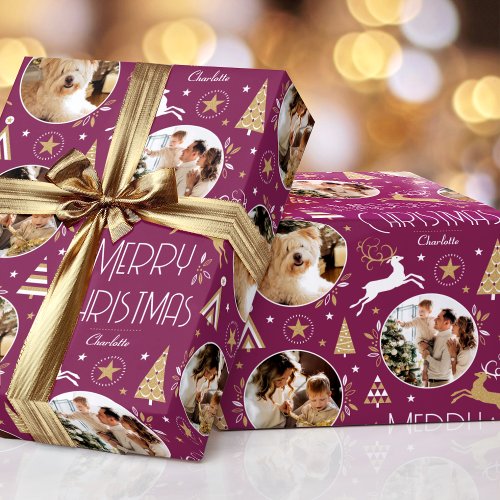 Elegant Christmas Reindeer Photo Plum Gold Wrapping Paper