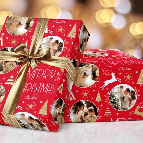Elegant Christmas Reindeer Photo Red Gold Wrapping Paper