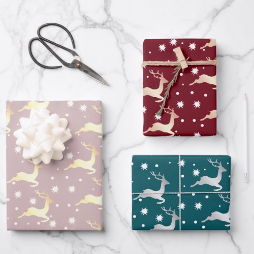 Elegant Christmas Reindeer Snowflake Pattern Wrapping Paper Sheets