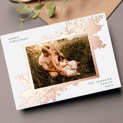  Elegant Christmas Rose Gold Botanical Photo Frame Foil Holiday Card