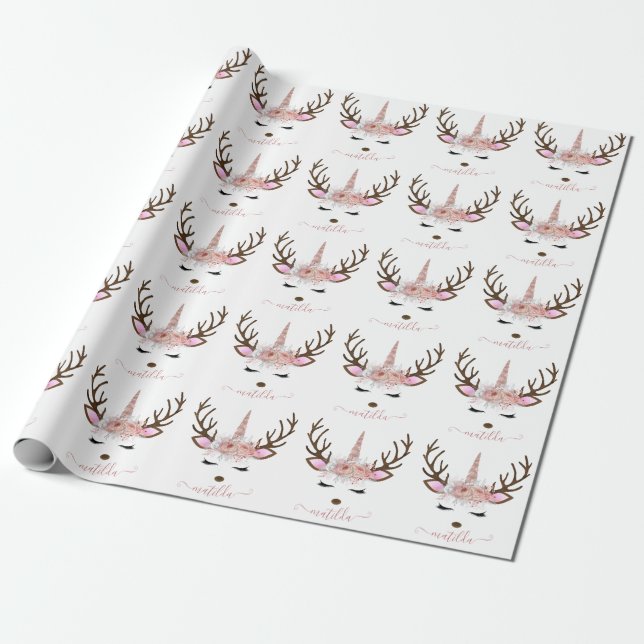 Elegant Christmas rose gold glitter unicorn deer Wrapping Paper (Unrolled)