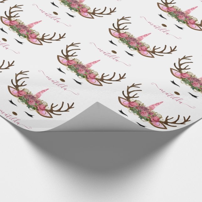 Elegant Christmas rose gold glitter unicorn deer Wrapping Paper (Corner)