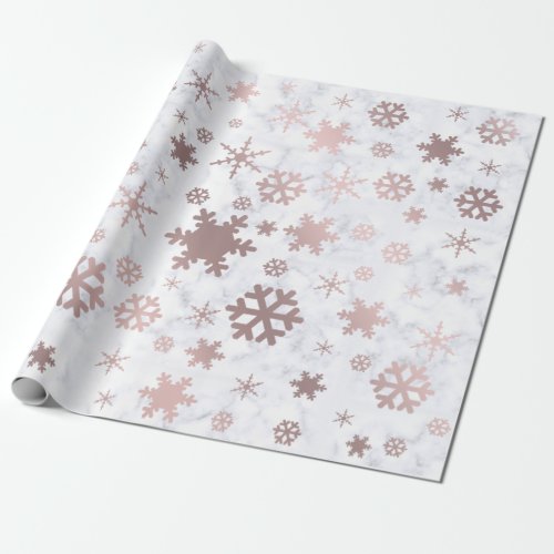 Elegant Christmas Rose Gold Snowflakes  Marble Wrapping Paper
