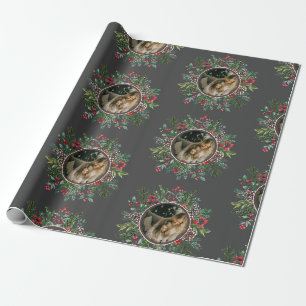 Elegant Christmas Round Frame with Photo Grey Wrapping Paper