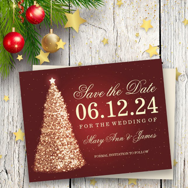 Elegant Christmas Save The Date Gold Red Announcement Postcard (Creator Uploaded)