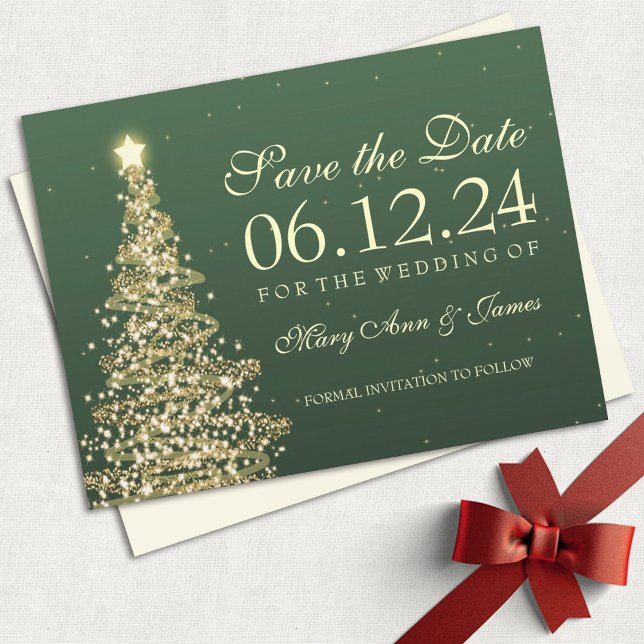 Elegant Christmas Save The Date Green Gold Announcement Postcard (Creator Uploaded)