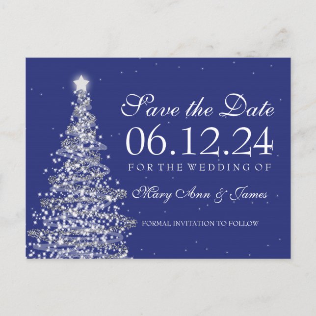 Elegant Christmas Save The Date Silver Navy Announcement Postcard (Front)