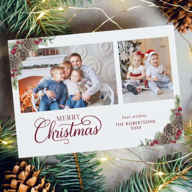 Elegant Christmas Script Botanical 2 Photo  Holiday Card (Creator Uploaded)