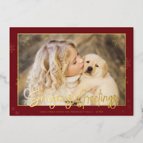Elegant Christmas Script Seasons Greetings Photo Foil Holiday Card