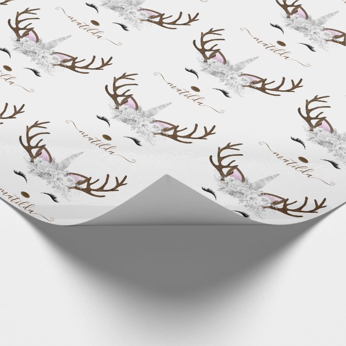 Elegant Christmas Silver Glitter Unicorn Deer Wrapping Paper 