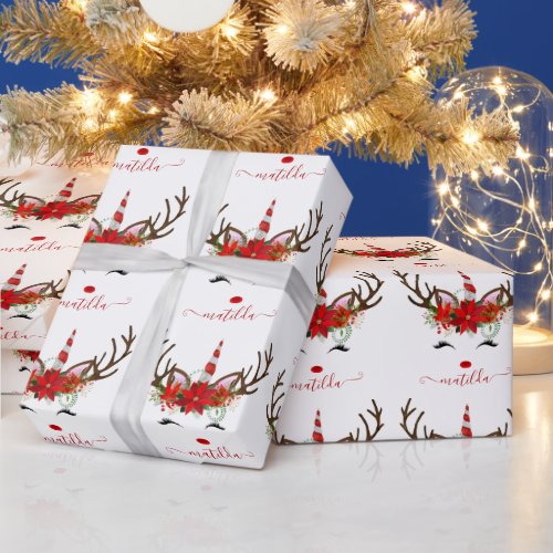 Elegant Christmas silver red glitter unicorn deer Wrapping Paper