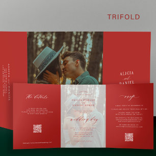 Elegant Christmas simple red photo wedding RSVP QR Tri-Fold Invitation