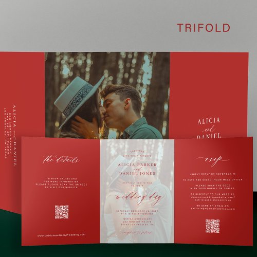 Elegant Christmas simple red photo wedding RSVP QR Tri_Fold Invitation