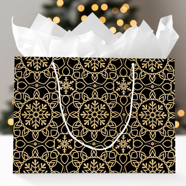 Elegant Christmas Snowflake Faux Gold Black Large Gift Bag (Creator Uploaded)