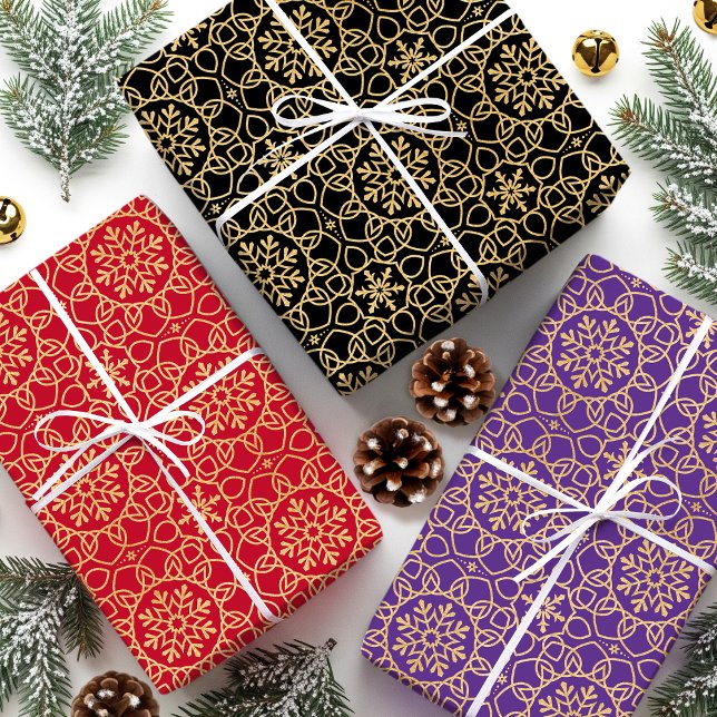 Elegant Christmas Snowflake Faux Gold Purple Set Wrapping Paper Sheets (Creator Uploaded)