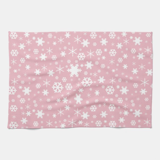 Elegant Christmas snowflake pattern pastel pink Kitchen Towel (Horizontal)