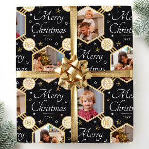 Elegant Christmas Snowflake Photo Collage Black Wrapping Paper