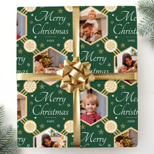Elegant Christmas Snowflake Photo Collage Green Wrapping Paper